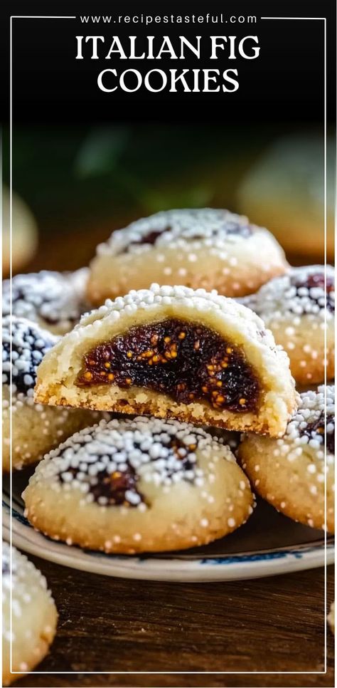 Italian Fig Cookies (Cucidati) are a traditional Italian treat filled with a rich mixture of dried figs, raisins, and walnuts, spiced with cinnamon, nutmeg, and cloves. The soft dough is rolled around the flavorful filling, baked until golden, and finished with a sweet glaze and festive sprinkles. These cookies are perfect for any occasion, especially during the holidays. Fig Shortbread Cookies, Fig Squares Recipe, Fig And Walnut Cookies, Fig Filled Cookies, Cucidati Italian Fig Cookies, Italian Fig Cookies Recipes, Sun Dried Figs Recipes, Traditional Italian Christmas Cookies Recipes, Kiflies Cookies