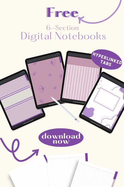 Keep a digital journal,  notes for home, school, or work, or get creative and doodle with these free digital notebooks! Created with lined, graph, and dotted pages, you can always duplicate them to add more room! Enjoy 6 hyperlinked tabbed sections for easy organization. Download your free digital notebooks now. Study Challenge Ideas, Goodnotes Notebook Template Free, Free Digital Notebook Goodnotes, Goodnotes Journal Templates Free, Digital Notebook Free, Free Goodnotes Notebook, Free Digital Journal Goodnotes, Goodnotes Diary, Study Asthetic