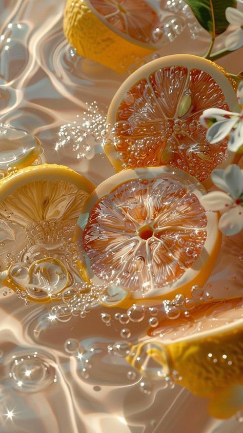 Fruit In Water Wallpaper, Fruit In Water Aesthetic, Summer Fruits Aesthetic, Summer Water Wallpaper, Refreshing Wallpapers, Refreshed Aesthetic, Fruit In Water, Citrus Aesthetic, Aesthetic Fruits