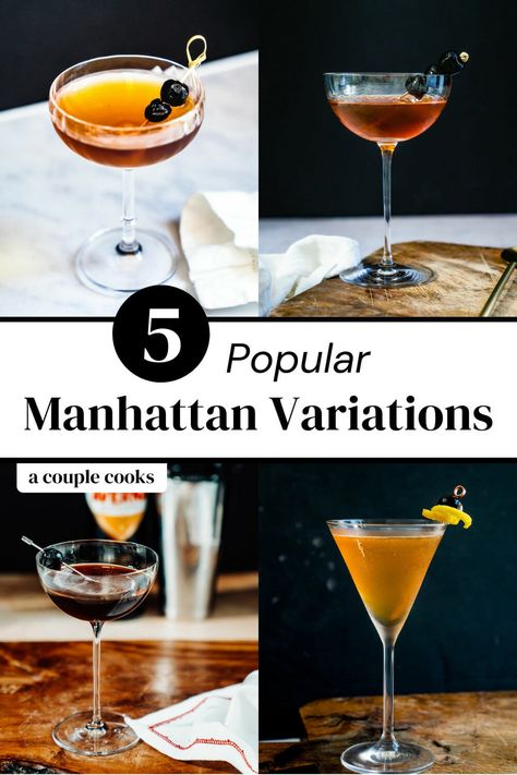 Here are the most popular Manhattan variations! Try them all, swapping out the rye whiskey for bourbon, Scotch, brandy and more. #manhattan #manhattanvariations #brooklyn #blackmanhattan #robroy #bourbonmanhattan Best Manhattan Cocktail, Manhattan Cocktail Variations, Brandy Manhattan Recipe, Rye Manhattan Recipe, Brooklyn Cocktail Recipe, Perfect Manhattan Cocktail, Brandy Manhattan, Manhattan Drink, Manhattan Cocktail Recipe