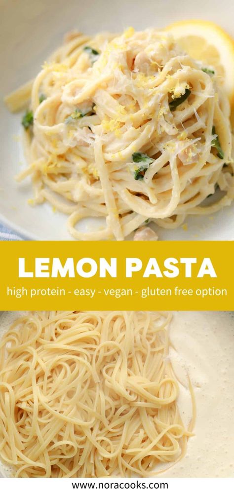 Celebrate spring with this vegan Lemon Pasta recipe. Cooked pasta, spinach, and white beans are drenched in a creamy lemon sauce, giving you an easy and bright-tasting meal that’s surprisingly high in protein! Vegan Lemon Cream, Vegan Lemon Pasta, Easy Lemon Pasta, White Beans And Spinach, Lemon Pasta Recipe, Pumpkin Pasta Bake, Wfpb Meals, Creamy Lemon Sauce, Spinach Recipes Vegan