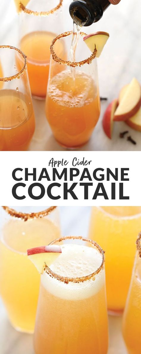 Snack Ideas For Christmas, Apple Cider Champagne, Champagne Cocktails Easy, Holiday Champagne Cocktails, Apple Cider Mimosa Recipe, Cold Apple Cider, Cider Mimosa, Holiday Champagne, Homemade Cider