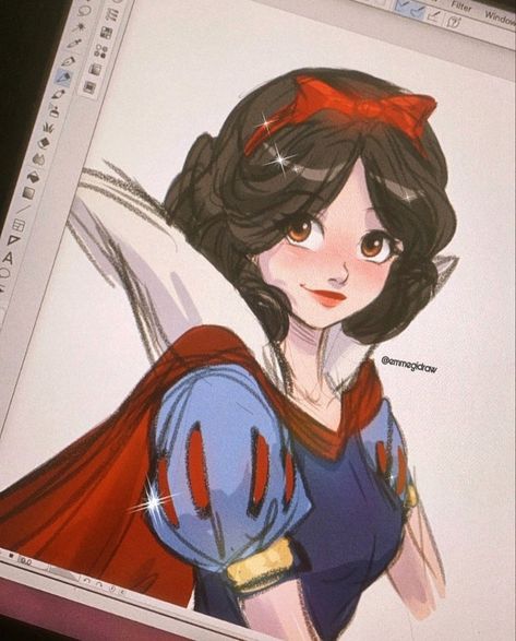 Disney Character Sketches Princesses, Snow White Cute Drawing, Disney Princess Illustration Art, Snow White Drawing Sketches, Princess Drawings Sketches, Drawing Snow White, Painting Disney Characters, Snow White Sketch, Snow White Fanart