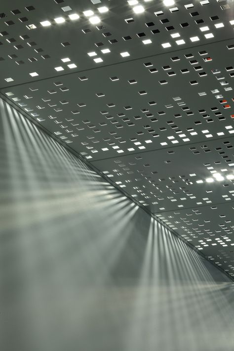 Metal Panel Ceiling, Perforated Metal Panel, Metal Ceiling Tiles, Office Ceiling, Backyard Canopy, Lamp Lights, Diy Canopy, Ceiling Detail, Canopy Design