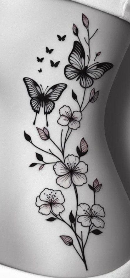 Side Tattoos Women Ribs Unique, Lower Stomach Tattoos For Women, Butterfly Ankle Tattoos, Rose And Butterfly Tattoo, Earthy Tattoos, Stomach Tattoos Women, Cute Simple Tattoos, Rose Tattoos For Women, Flower Wrist Tattoos