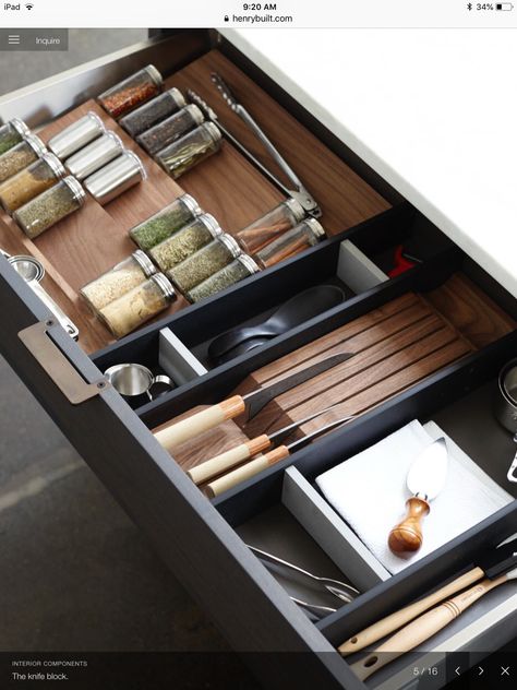 Spice drawer and knife storage? Kitchen Optimization, Knife Drawer Storage, Kitchen Millwork, Organization Dresser, Dresser Drawer Slides, Nursery Drawer Organization, Drawers Organization, Makeup Drawer Organizer, Cutlery Drawer Organization