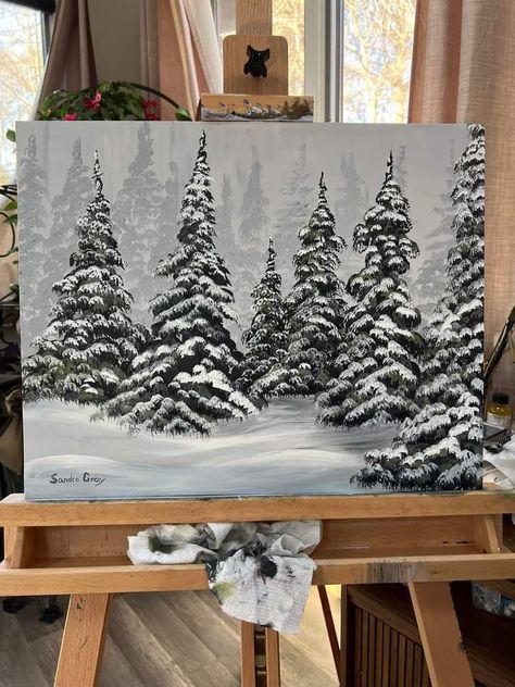 Trees In Snow Painting, Snow On Trees Painting, Snow Scene Painting, Snowy Trees Painting, Winter Paintings On Canvas Acrylics, Draw Tree, Winter Scene Paintings, Pine Tree Painting, Christmas Canvas Art