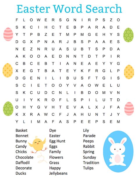 This free printable Easter word search puzzle. It includes 23 words about Easter and spring including the names of baby animals, flowers and treats you might find in your Easter basket.  #Easter #printables #WordSearch #puzzle Easter Crossword, Easter Word Search, Easter Puzzles, Easter Worksheets, Animals Flowers, Easter Printables Free, Easter Games, Easter Parade, About Easter