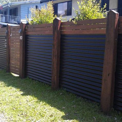 Yard Fencing - 10 Modern Fence Ideas | Family Handyman Semi Private Fence Ideas, Modern Fence Ideas, Fencing Ideas Cheap, Yard Fencing, Corrugated Metal Fence, Easy Fence, Small Fence, Cheap Backyard, Cheap Fence