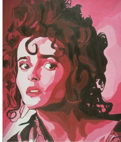 How to do: Monochromatic Painting, using tempera paints, of Helena Bonham Carter 8 x 10 by artist Jessica Hoffman Monochromatic Painting, Monochrome Painting, Helena Bonham, Bonham Carter, Helena Bonham Carter, Tempera, Hair, Pink, Black