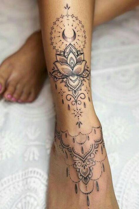 tattoo ideascool tatsunique tattoostattoo ideas unique for womenunique small tattoosaesthetic tattoos Ankle Tattoos For Women Mandala, Mandala Foot Tattoo, Tattoo Bein Frau, Anklet Tattoos For Women, Henna Inspired Tattoos, Ankle Tattoos For Women, Boho Tattoos, Henna Tattoo Hand, Anklet Tattoos