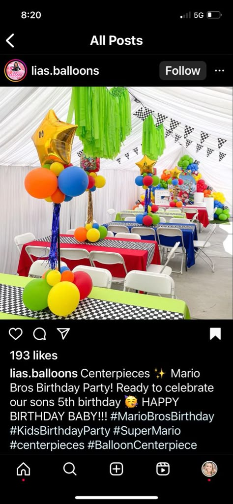 Mario Bros Birthday Party Centerpieces, Mario Bros Party Centerpieces, Mario Birthday Table Set Up, Level Up Mario Birthday, Mario Bros Birthday Centerpieces, Mario Bros Table Decor, Mario Cart Centerpieces, Super Mario Bros Party Ideas Outdoor, Mario Kart Table Decor