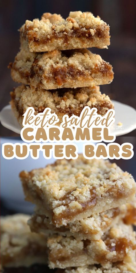 So gooey and delicious, you won't believe that these salted caramel butter bars are low carb and grain-free. An amazing keto treat! Crumbly almond flour crust with a rich sugar-free caramel filling. #saltedcaramel #ketodesserts #ketorecipes #almondflour #crumbbars #lowcarb Keto Caramel Fudge, Low Carb Bars Recipe, Fall Sugar Free Desserts, Keto Bars Recipe Low Carb, Almond Flour Peanut Butter Bars, Low Carb Sugar Free Desserts Easy, Keto Deserts Recipes Easy, Keto Squares, Low Sugar Desserts Easy