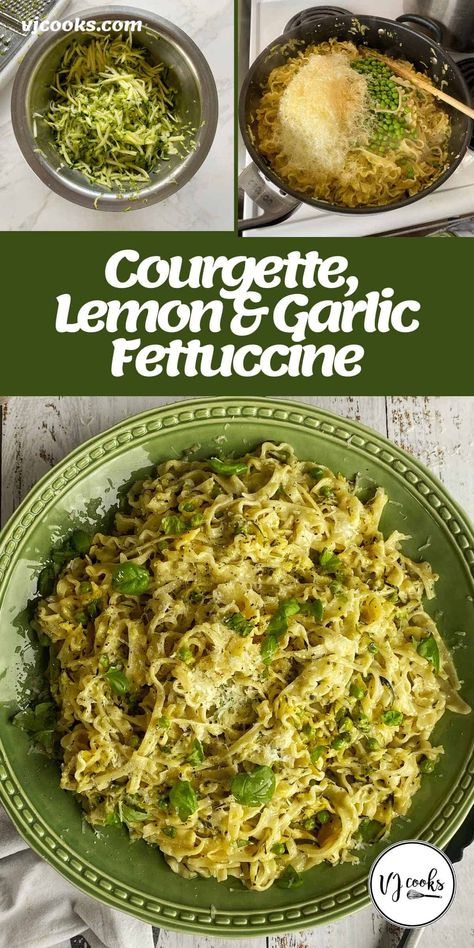 A zingy fresh pasta made from fettuccine, grated courgette, crushed garlic, lemon juice and zest, cream, parmesan, peas and basil. This is a great recipe to make in summer when courgette (or zucchini as they are also known) are in season. This makes them super affordable at the supermarket or better still, a great way to use up any courgette you are growing in your garden. #vjcooks #vegetariandinner #seasonalveg #courgette #zucchini Mushroom And Courgette Recipes, Pasta With Courgette, Courgette Pasta Recipe, Parmesan Peas, Courgette Recipe, Pasta Recepies, Courgette Recipes, Courgette Pasta, Vj Cooks