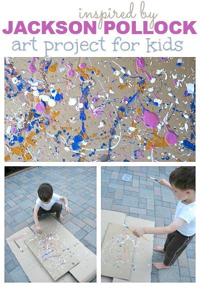 Create a masterpiece in the classroom! Fun and active fine art - Jackson Pollock; click through to the tips for taking young children to a museum. Jackson Pollock Art, Pollock Art, Pollock Paintings, Art Project For Kids, Project For Kids, Homeschool Art, Kindergarten Art, Camping Art, Jackson Pollock