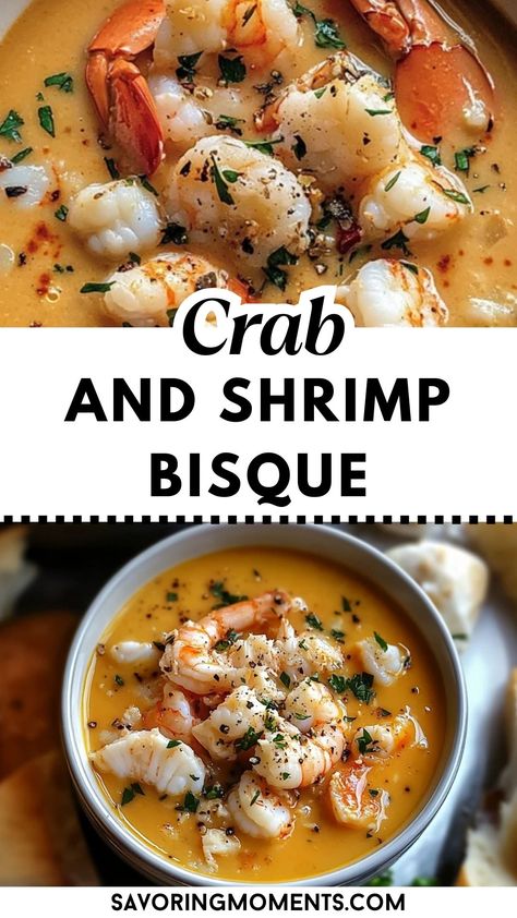 Indulge in this rich crab and shrimp bisque, an ideal appetizer for the holidays or any elegant dinner. With its creamy texture and savory seafood flavors, this soup is sure to impress your guests.  #CrabAndShrimpBisque #HolidayAppetizer #SeafoodSoup #GourmetBisque #CrabBisque #ShrimpBisque #ElegantAppetizer #SeafoodRecipes #CreamySoup Seafood Bisque With Crab And Shrimp, Creamy Crab And Shrimp Seafood Bisque, Seafood Thanksgiving Dinner Ideas, Shrimp Bisque Soup, Crab And Shrimp Bisque, Shrimp And Crab Bisque, Crab And Shrimp Seafood Bisque, Crab Bisque Recipe, Bisque Recipes