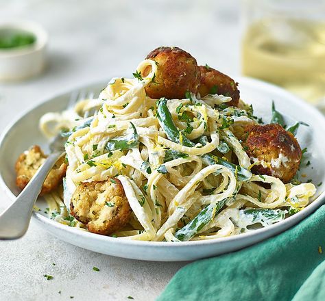 Chicken, lemon & ricotta meatballs with linguine - BBC Good Food Middle East Ricotta Chicken, Ricotta Meatballs, Zesty Chicken, Chicken Lemon, Weaning Recipes, Bbc Good Food, Lemon Ricotta, Midweek Meals, Chicken Meatballs