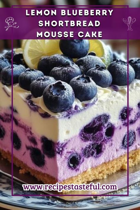 This Lemon Blueberry Shortbread Mousse Cake is a beautiful blend of tart lemon mousse, sweet blueberry compote, and a buttery shortbread crust. It’s the perfect dessert to impress guests or to treat yourself with something light and refreshing yet indulgent. Blueberry Mousse Cake, Blueberry Shortbread, Blueberry Mousse, Mousse Cake Recipe, Lemon Mousse, Blueberry Compote, Buttery Shortbread, Shortbread Crust, Refreshing Desserts