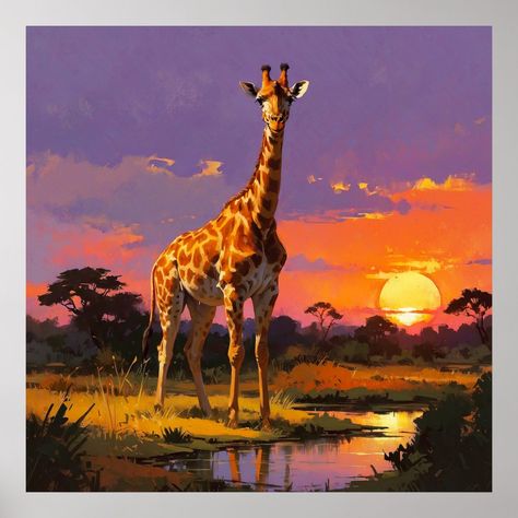 Vibrant Giraffe and Sunset in Wild Painting Colorful Giraffe Art, Colorful Giraffe Painting, African Scenery, Wild Painting, Giraffe Painting, Green Painting, Giraffe Art, Nature Posters, Sunset Painting