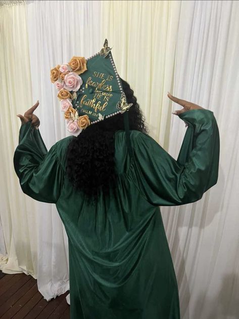 graduation black girl, graduation aesthetic, graduation outfit ideas, graduation pictures, graduation aesthetic Graduation Dresses With Black Cap And Gown, Green Graduation Aesthetic, Graduation Green Cap And Gown, Graduation Girl Aesthetic, Green Graduation Gown And Cap, Green Cap And Gown Graduation Outfits, Graduation Aesthetic Black Women, Graduation Hairstyles With Cap Black, Highschool Graduation Dress