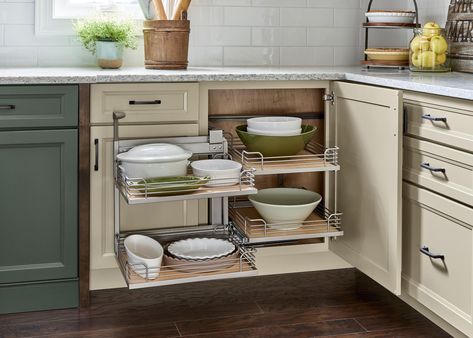 Yorktowne Cabinetry | Corner Base Cabinet Pull-Out Lazy Susan Kitchen Cabinet, Carpenter Kitchen, Kitchen Corner Units, Kitchen Corner Cabinet, Prewar Apartment, Corner Cabinet Solutions, Boat Kitchen, Andrew Howard, Kitchen Corners