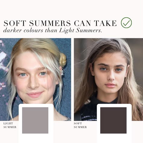 Colour Analysis + Personal Styling | Light Summer VS Soft Summer as requested by you 🤍 . #coloranalysis #colouranalysis #softsummer #lightsummmer #coloranalyst #hunterschafer… | Instagram Light Spring Vs Soft Summer, Soft Summer Browns, Soft Summer Color Palette Hair, Light Summer Hair Color, Soft Summer Brown, Summer Undertone, Soft Summer Hair Color, Cool Tone Brown Hair, Soft Summer Hair