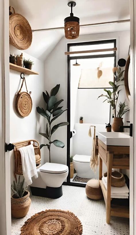 Boho Cloakroom, Boho Guest Bathroom Ideas, Scandi Boho Bathroom, Brown Boho Bathroom, Boho Black Bathroom, Hygge Bathroom Decor, Bohemian Bathroom Decor Ideas, Black And White Boho Bathroom, Vintage Boho Bathroom