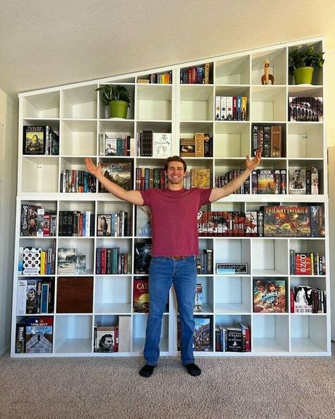 I Had Nowhere To Go But Up. Repurposed Some IKEA Kallax’s Kallax Library, Kallax Bookshelf Styling, Library Game Room, Ikea Havsta, Built In Bookshelf, Plants And Books, Board Game Room, Beautiful Bookshelf, Buy My House