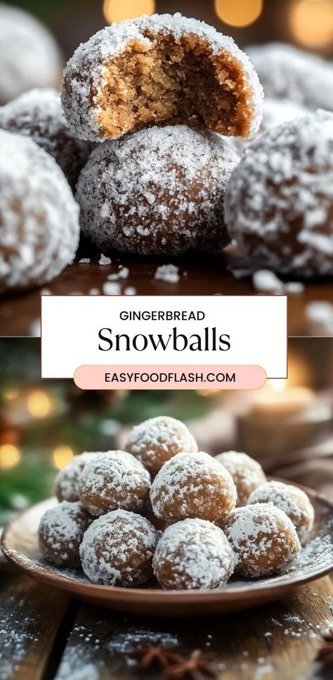 These Gingerbread Snowballs are a delightful holiday treat that melts in your mouth. With a rich, spiced flavor from cinnamon, ginger, and cloves, these soft, chewy cookies are coated in powdered sugar, giving them the perfect "snowy" look. They make for an ideal pairing with tea, coffee, or hot cocoa, and are perfect for any cozy occasion Christmas Snowball, Snowballs Recipe, Soft Chewy Cookies, Snowball Cookies, Chewy Cookies, Chewy Cookie, Desserts Recipes, Easy Food To Make, Sweet Desserts