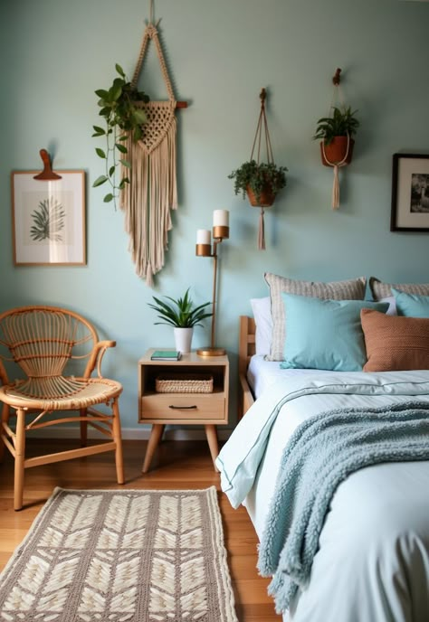 Light Blue Boho Bedroom Boho Bedroom With Blue Walls, Light And Airy Bedroom With Pops Of Color, Blue Bedrooms Ideas For Women, Decorating A Blue Bedroom, Boho Bedroom Blue Walls, Blue Bedroom With Plants, Blue And White Boho Bedroom, Teal Bedroom Aesthetic, Accent Wall Boho Bedroom