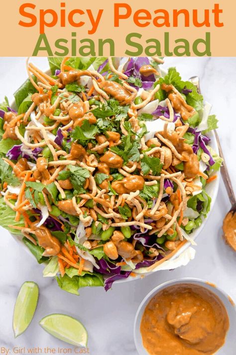 This Asian Salad with homemade spicy peanut dressing is deliciously addicting! Perfect for lunch or dinner. #salad #saladdressing #peanutsauce #peanutdressing #spicypeanut #asiansalad #saladrecipe Nanas Recipes, Peanut Salad Dressing, Peanut Butter Salad, Spicy Peanut Dressing, Crispy Chow Mein Noodles, Thai Peanut Salad, Asian Salad Recipe, Asian Salad Dressing, Peanut Salad