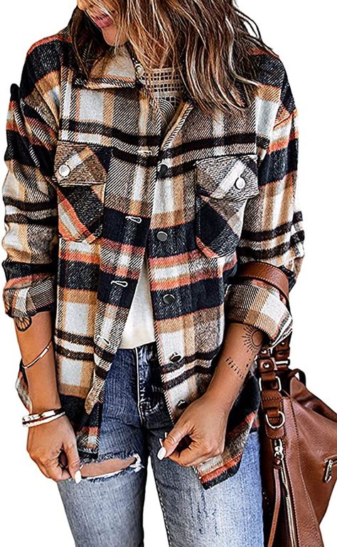 Astylish Womens Soft Cuffed Sleeve Corduroy Collar Shirts Long Plus Size Button Down Blouse Tops Green L at Amazon Women’s Clothing store Saint John, Flannel Jacket, Long Sleeve Flannel, Brown Plaid, Plaid Fashion, Pocket Shirt, Plaid Print, Button Front Shirt, Plaid Flannel