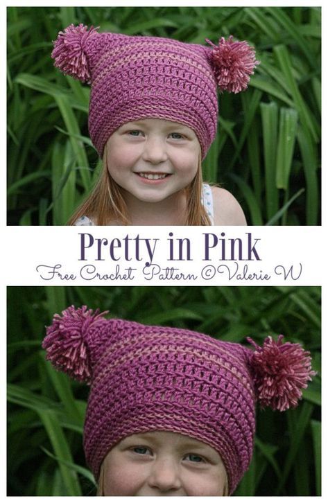 Pretty in Pink Double Pom Pom Hat Free Crochet Patterns Crochet Hat With Two Pom Poms, Crochet Double Pom Pom Hat Free Pattern, Double Pom Pom Beanie Crochet, How To Make A Pom Pom With Yarn, Crochet Double Pom Pom Hat, Baby Beanie Crochet Pattern Free, Baby Girl Crochet Hat, Toddler Hat Pattern, Crochet Toddler Hat