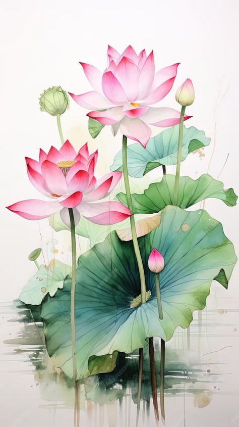 Premium Photo | Lotus flowers with leaves that look like lotus flowers Lotus Leaves Painting, Lotus Art Design, Lotus Graphic Design, Cafe Renovation, Flower Animation, Flowers With Leaves, Lotus Flower Art, India Painting, Lotus Painting