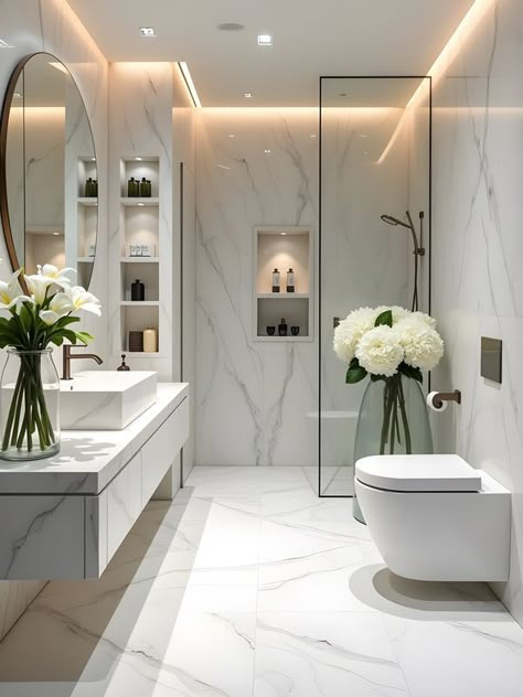 White Marble Modern Bathroom, Bathroom Ideas Big Tiles, Marble And Wood Bathroom Ideas, White And Silver Bathroom Ideas, Small Bathroom Ideas Marble, On Suite Bathroom Ideas, Small Marble Bathroom Ideas, White Master Bathrooms, Washroom Tiles Design Modern