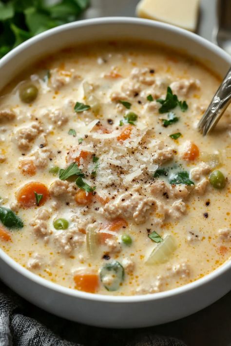 One Pot Creamy Italian Ground Chicken Soup - An Organized Chaos Soup Recipes Using Ground Chicken, Ground Chicken Potato Soup, Chicken Meatballs Soup, Ground Chicken And Potato Recipes, Ground Chicken Crockpot Recipes, Ground Chicken Soup Recipes, Soup With Ground Chicken, Recipes Using Ground Chicken, Ground Turkey Soup Recipes