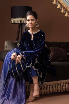 Fashion: #fashion, #style, #outfitinspiration, #beauty Velvet Suit Designs Pakistani, Latest Velvet Suit Designs, Straight Kurti Designs, Velvet Salwar Kameez, Velvet Salwar, Embroidered Velvet Dress, Navy Blue Dupatta, Ansab Jahangir, Blue Velvet Suit