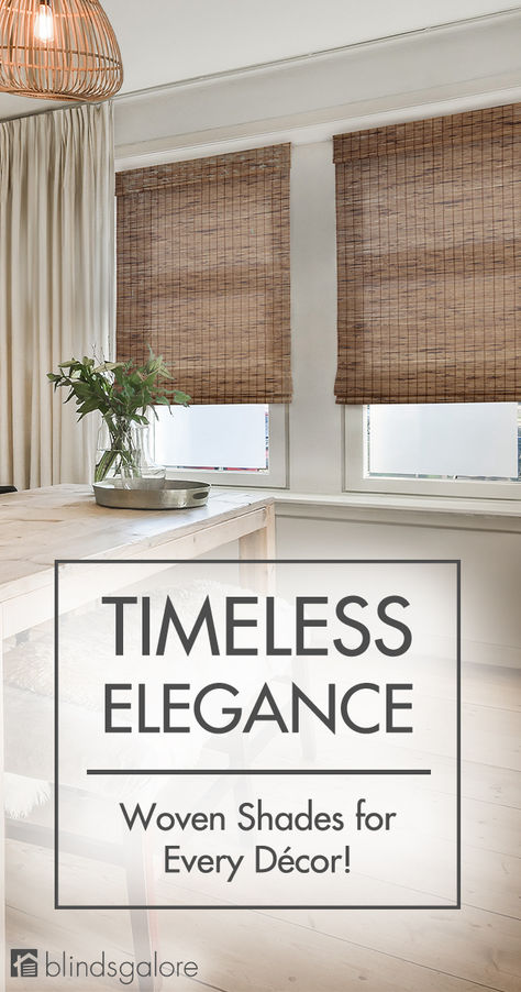 Capture the essence of nature with Natural Woven Wood Shades. and transform your windows into eye-catching focal points with the natural beauty of grass weaves in our Natural Woven Wood Shades.Capture the essence of nature with Natural Woven Wood Shades. Bring natural beauty indoors at Blindsaglore.com.
 
#WovenWoods #WindowTreatments Dining Room Blinds Ideas, Shades In Kitchen Window, Bali Shades Window Treatments, Rattan Window Shades, Natural Window Shades, Rustic Blinds For Windows, Woven Shades Living Room, Curtains With Shades, Log Cabin Window Treatments