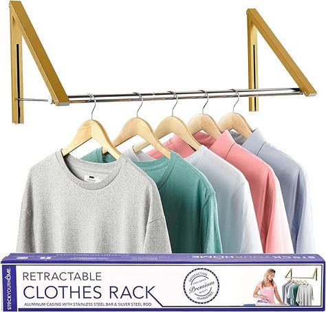 Amazon.com: Double Foldable Clothing Rack w/ Extension Rod, Wall-Mounted Retractable Clothes Hanger for Laundry Dryer Room, Hanging Drying Rod, Small Collapsible Folding Garment Racks, Dorm Accessories (Gold) : Home & Kitchen Retractable Clothes Hanger, Laundry Room Ideas Small Space Hanging, Laundry Room Clothing Rod, Ceiling Mounted Clothes Drying Rack, Laundry Room Drying Rod, Hanging Rods In Laundry Room, Diy Clothes Rod, Laundry Room Clothes Hanging Ideas, Laundry Room Hanging Ideas