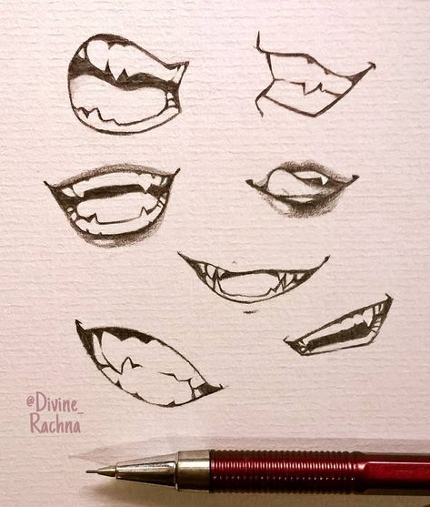 Divine Rachna on Instagram: “✨🌔Fangs Complication🌔✨ . . A quick sheet of vampirey smiles and grins ƪ(`▿▿▿▿´ƪ) I hope you like it ❤️ . . Which supernatural beings do you…” Mouth Shape Reference, Fangs Drawing Reference, Mouth Drawing Reference Fangs, Sharp Teeth Drawing, Mouth Reference, Anime Mouth Drawing, Teeth Drawing, Anime Mouths, Smile Drawing