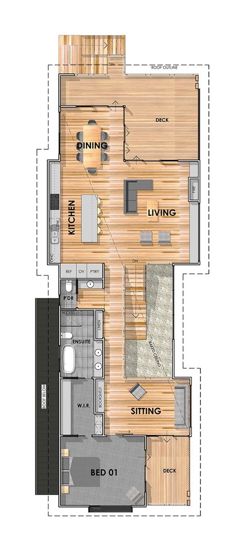 Anglesea Narrow Block Home - A Pivot Homes Project Slim House Design, Long House Floor Plans, Long Narrow House Plans, Dirty Kitchen Design Philippines, Single Level House Plans, Dirty Kitchen Design, Narrow House Designs, Narrow House Plans, Timber Staircase