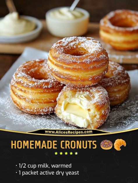 Croissant Donut Recipe, Cronut Recipe, Pizza Donuts, French Crullers, Snacking Cake, Doughnut Recipe Easy, Formula Recipes, Homemade Croissants, Cream Puff Recipe