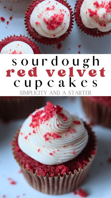 Sourdough Red Velvet Cupcakes - Simplicity and a Starter Red Velvet Cupcakes Recipe, Recipe Using Sourdough Starter, Homemade Buttercream, Homemade Buttercream Frosting, Sourdough Starter Discard Recipe, Homemade Sourdough, Red Velvet Cheesecake, Dough Recipes, Sour Dough