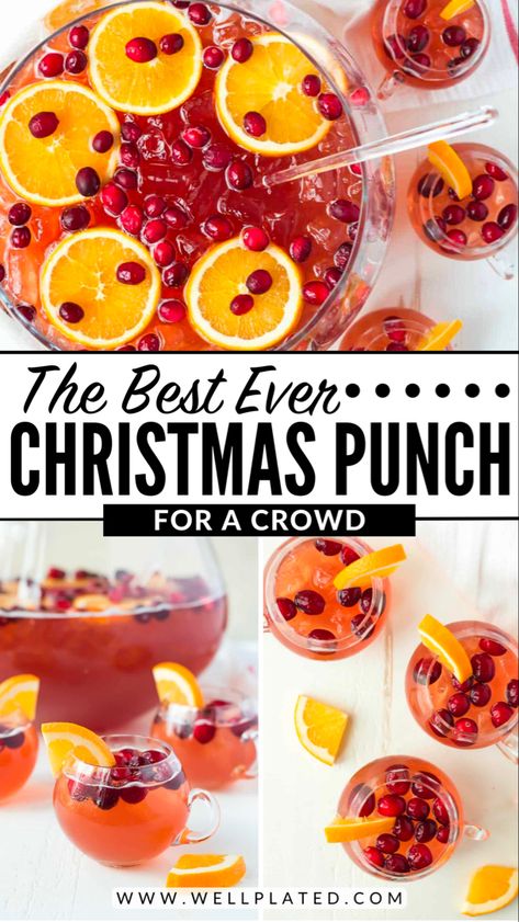 Easy, refreshing Christmas Punch for a crowd! With champagne, rum, cranberry and cider. Not too sweet—party perfect! Non-alcoholic version too. Festive Punch Recipes Alcohol, Non Alcoholic Christmas Punch For A Crowd, Big Batch Alcoholic Drinks Party Punches, Christmas Punch Alcoholic Prosecco, Christmas Party Punch Alcohol, Drinks For Christmas Party Alcoholic, Holiday Champagne Punch, Nye Alcoholic Punch, Christmas Punch With Prosecco