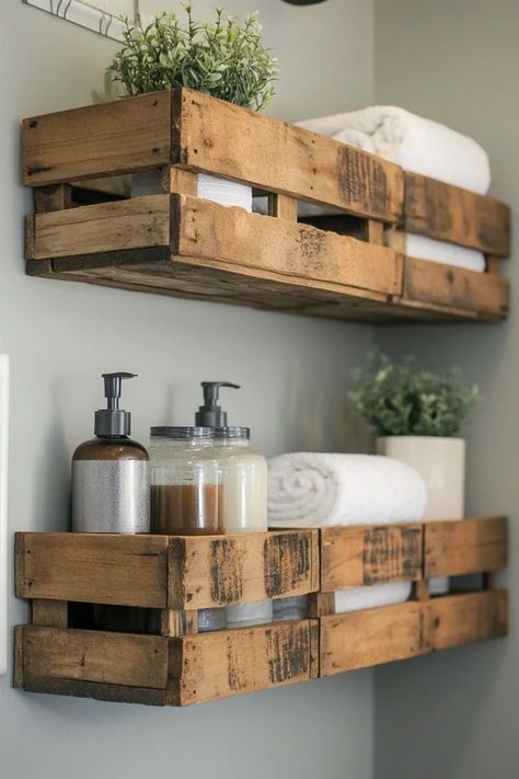 "Elevate your bathroom with rustic DIY Pallet Storage Shelves! 🛠️🛁 Perfect for adding a handmade touch. #BathroomShelvesDIY #PalletIdeas #RusticHomeDecor" Basket Shelves In Bathroom, Bathroom Wooden Shelves Storage Ideas, Pallet Shelves Bathroom, Bathroom Vanity Pallet Ideas, Diy Rustic Wood Shelves, Small Apartment Wall Storage Ideas, Wooden Towel Rack Bathroom Diy, Diy Pallet Bathroom Ideas, Bathroom Ideas Shelves Above Toilet