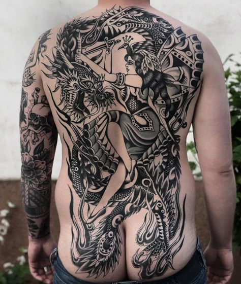 Tradional Back Tattoo, Back Piece Tattoo Japanese, American Traditional Back Tattoo Men, American Traditional Backpiece, Japanese Traditional Back Piece, American Traditional Tattoo Back Piece, Traditional Style Back Tattoos, Traditional Full Back Tattoo, Traditional Backpiece Tattoo