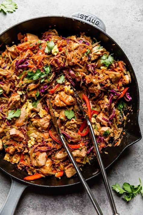 Healthy Chicken Pad Thai in a large cast iron skillet with a serving tongs. Healthy Chicken Pad Thai, Healthy 2024, Healthy Pad Thai, Noodles Making, Real Food Dietitians, Chicken Pad Thai, Whole30 Dinner, Pad Thai Recipe, Thai Recipe