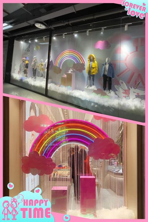 Rainbow Style Storefront Window Display Storefront Window Display, Kids Store Display, Lobby Decor, Mall Decor, Store Window Display, Rainbow Style, Display Props, Flamingo Party, Store Window