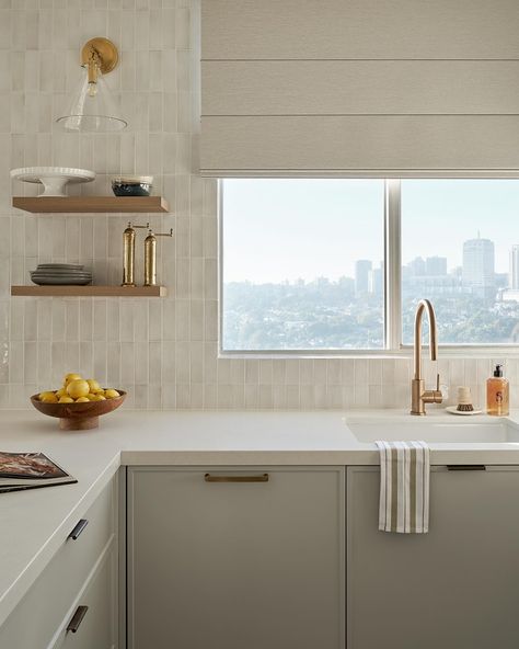 A beautiful kitchen created by @stephaniechuinteriors 📷 @aamindosnaps #kitchen #kitchensplashback #kitchendesign #splashback #interiors #home #tiles #dilorenzotiles Kitchen Tiles Around Window, Tiled Splash Back Kitchen, Square Tile Splashback, Splashback Ideas Kitchen, Tiled Kitchen Splashback, White Splashback Kitchen, Tiled Backsplash Kitchen, Backsplash Around Kitchen Window, Tiled Splashback Kitchen