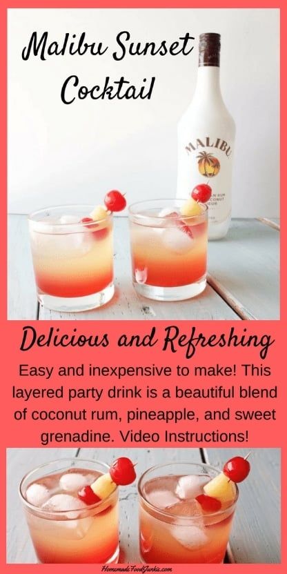 Malibu Sunset Cocktail Recipe, Malibu Sunset Cocktail, Sunset Cocktail Recipe, Coconut Liqueur, Malibu Drinks, Sunset Cocktail, Malibu Sunset, Layered Drinks, Alcholic Drinks